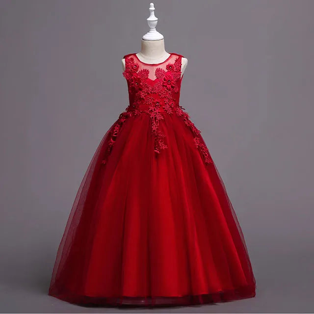 4-15yrs Kids Dresses For Girl Clothes Lace Flower Ball Gown Girls Long Dress For Wedding Prom Party Dresses Teenage Girl Costume