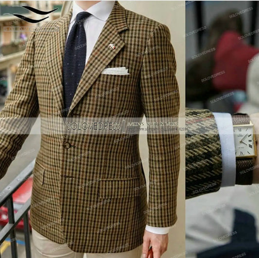 Formal Men's Suits Regular Fit Plaid Wool Tweed Prom Army Green Tuxedos Solid Business Brown Suits for Wedding Grooms Best Man