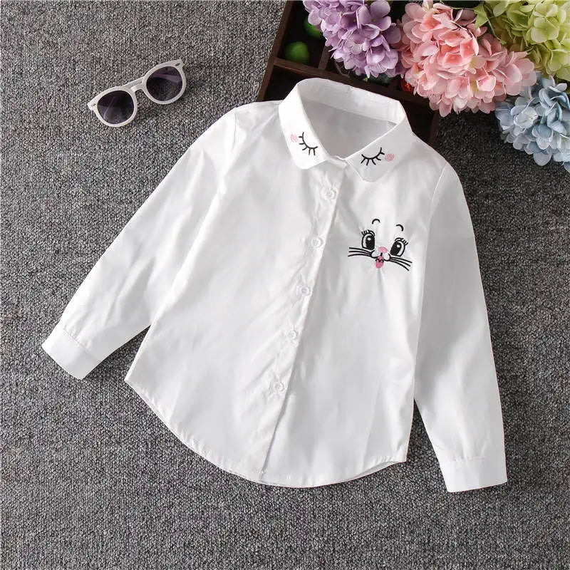 Girls White Blouse Fall Cute Long Sleeves Children Cartoon Shirts Girl Blouses Cat Teenager School Clothes Kids Top girl clothes
