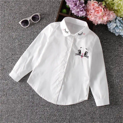 Girls White Blouse Fall Cute Long Sleeves Children Cartoon Shirts Girl Blouses Cat Teenager School Clothes Kids Top girl clothes
