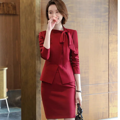 Red Suits Women High End New Business Fashion Temperament Bow Design Long Sleeve Formal Blazer And Skirt Office Ladies Work Wear