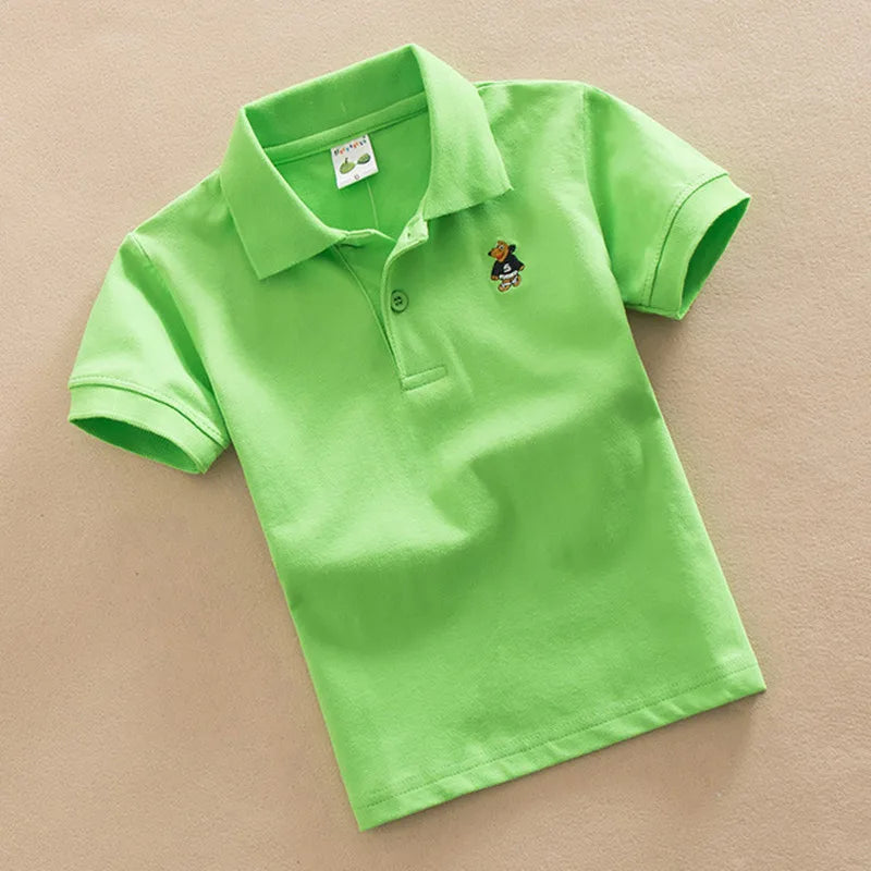 Boys Teens Short Sleeve Shirt 2023 Summer Fashion Cartoon Bear Embroidery School Clothes Little Girl Polo Shirts 2-14 Years Tops