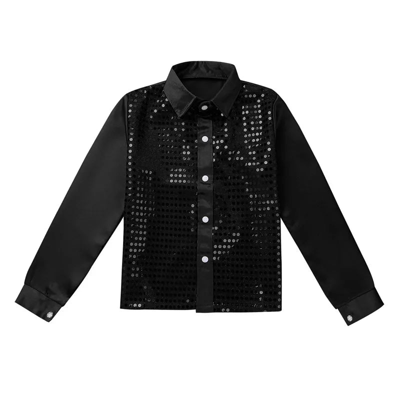 Kids Boys Shirts Shiny Sequined Long Sleeve Shirt Tops For Choir Jazz Street Dance Wear Child Dance Shirts Performance Costumes