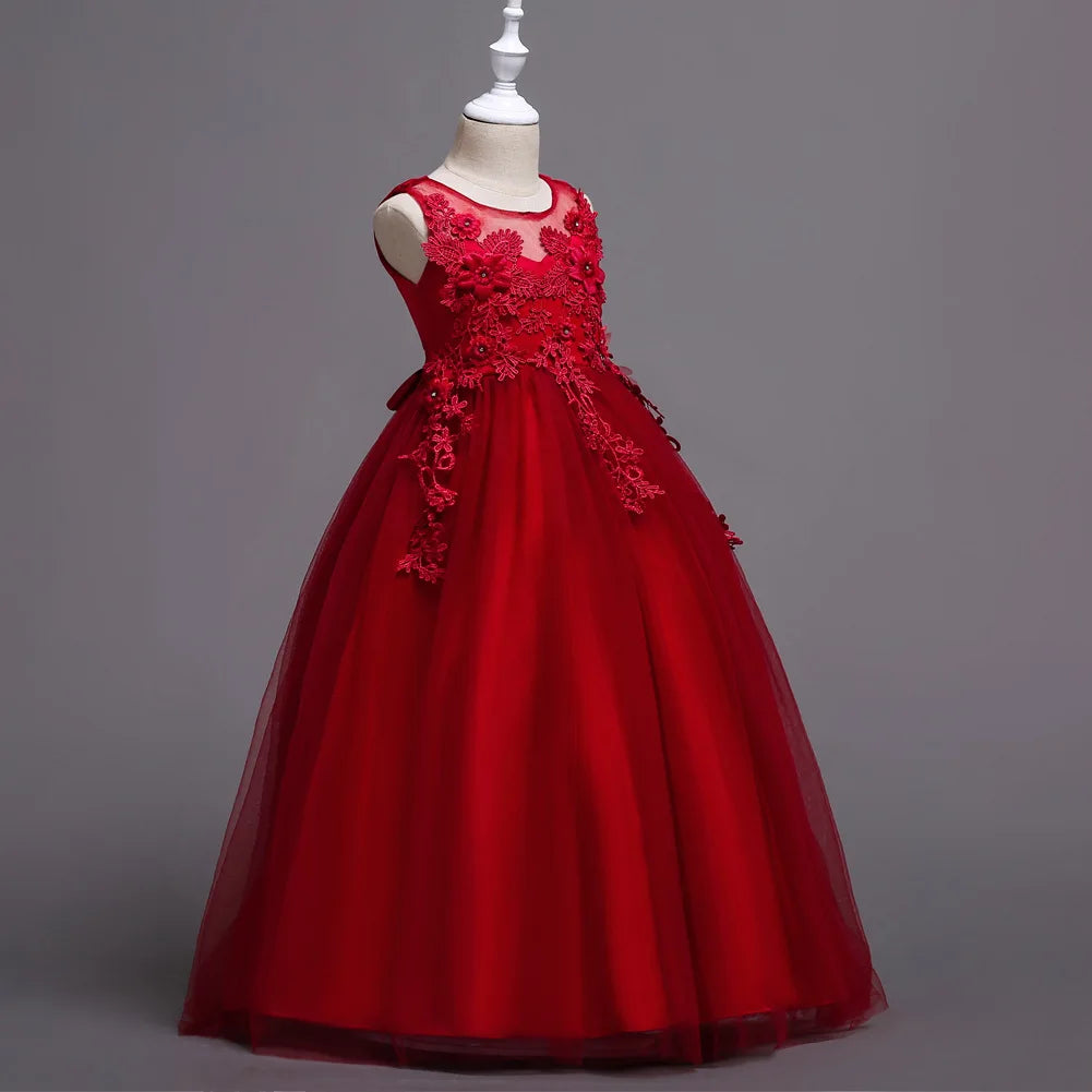 4-15yrs Kids Dresses For Girl Clothes Lace Flower Ball Gown Girls Long Dress For Wedding Prom Party Dresses Teenage Girl Costume