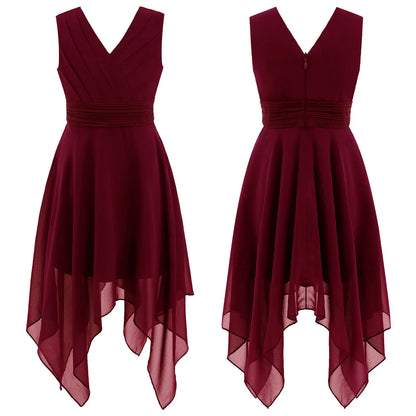 Teen Girls Elegant Scoop Neck Floral Lace Formal Wedding Party Dress Flower Girls Long Sleeve High-Low Chiffon Bridesmaid Dress