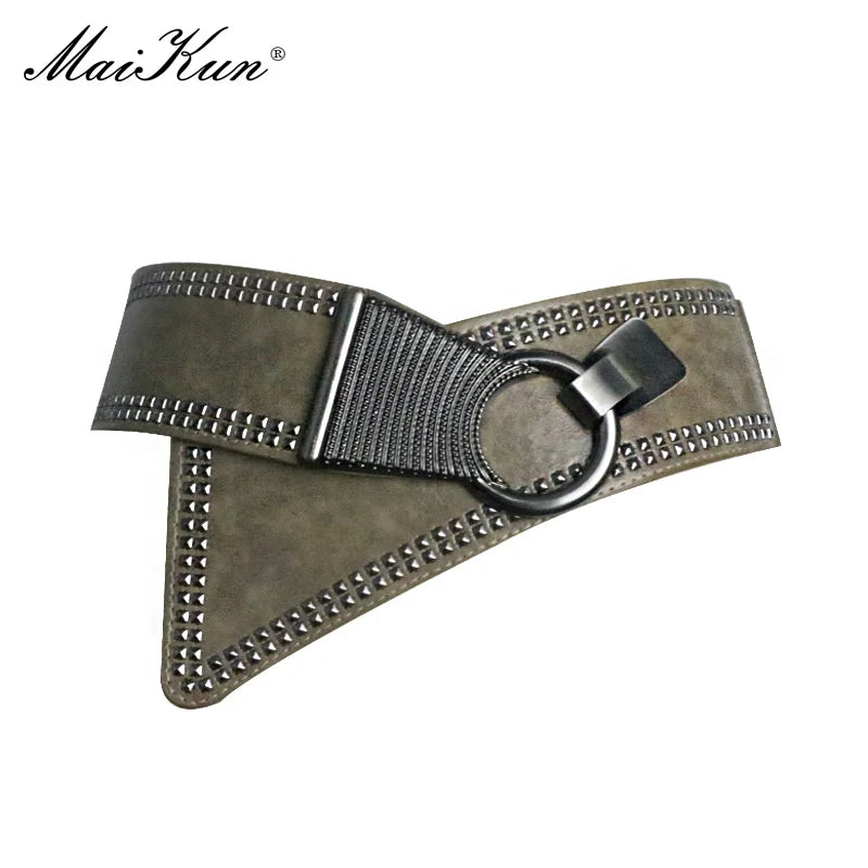 Maikun Fashion Punk Rocker Wide Belts for Women Elastic Wide European Style Women Belts Metal Round Buckle