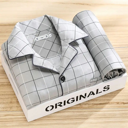 100% High-end Pajamas Men's Spring Autumn Striped Long-sleeved Trousers Pijamas Two-piece 2025 New Loose Nightwear Homewear Set