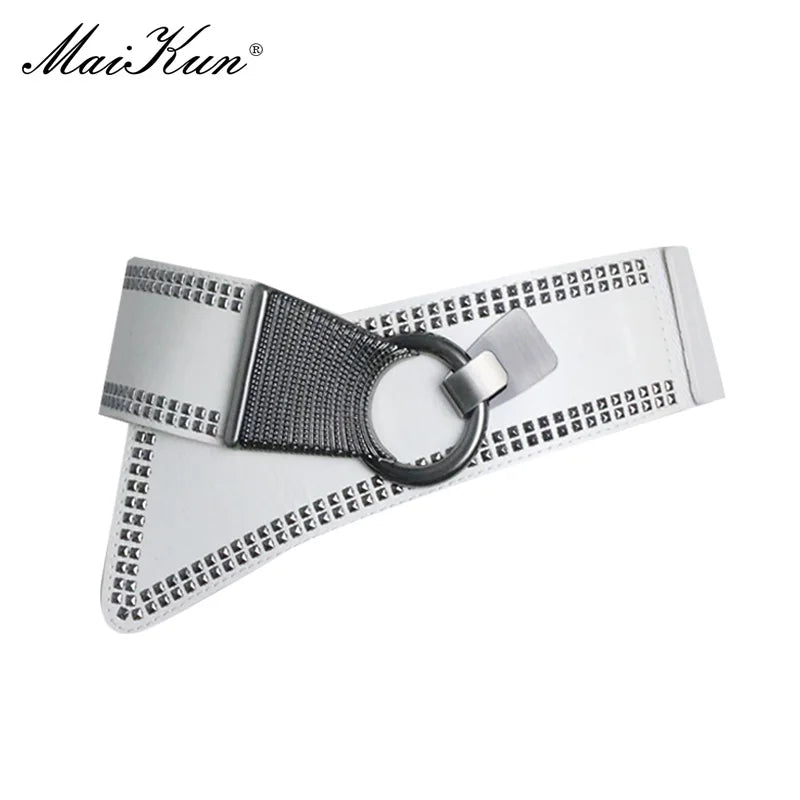 Maikun Fashion Punk Rocker Wide Belts for Women Elastic Wide European Style Women Belts Metal Round Buckle