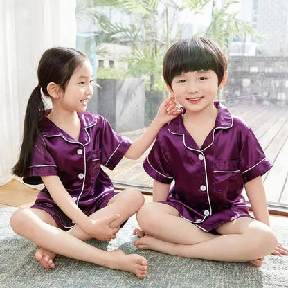 2025 new girls summer Lapel Solid color silk short-sleeved shorts pajamas set children's home wear toddler boy pajamas suit3-14Y