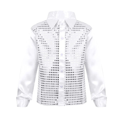 Kids Boys Shirts Shiny Sequined Long Sleeve Shirt Tops For Choir Jazz Street Dance Wear Child Dance Shirts Performance Costumes