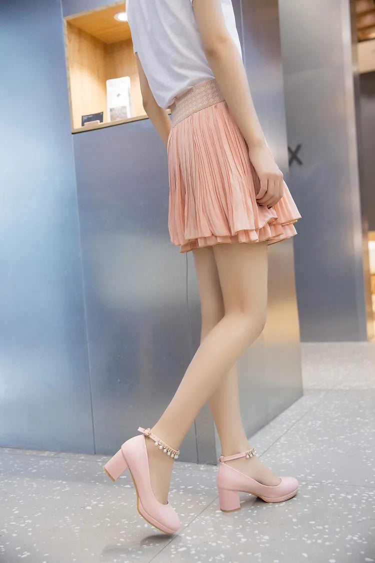 Children Girls High heel Shoes For Kids Princess Sandals Fashion  Pearl Thick Heel Shallow Female High heels For Party Wedding