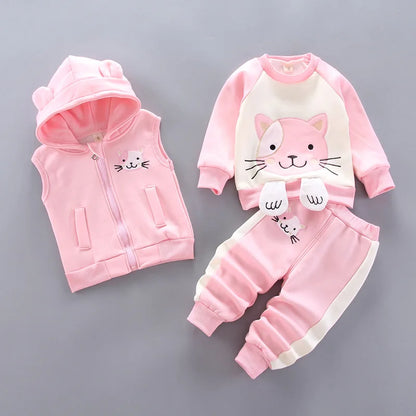 Baby Boy Clothes 2023 Autumn Cotton Thick Warm Casual Hooded Sweater Winter Cartoon Cute Bear Three-Piece Baby Girl Suit 0-5Y