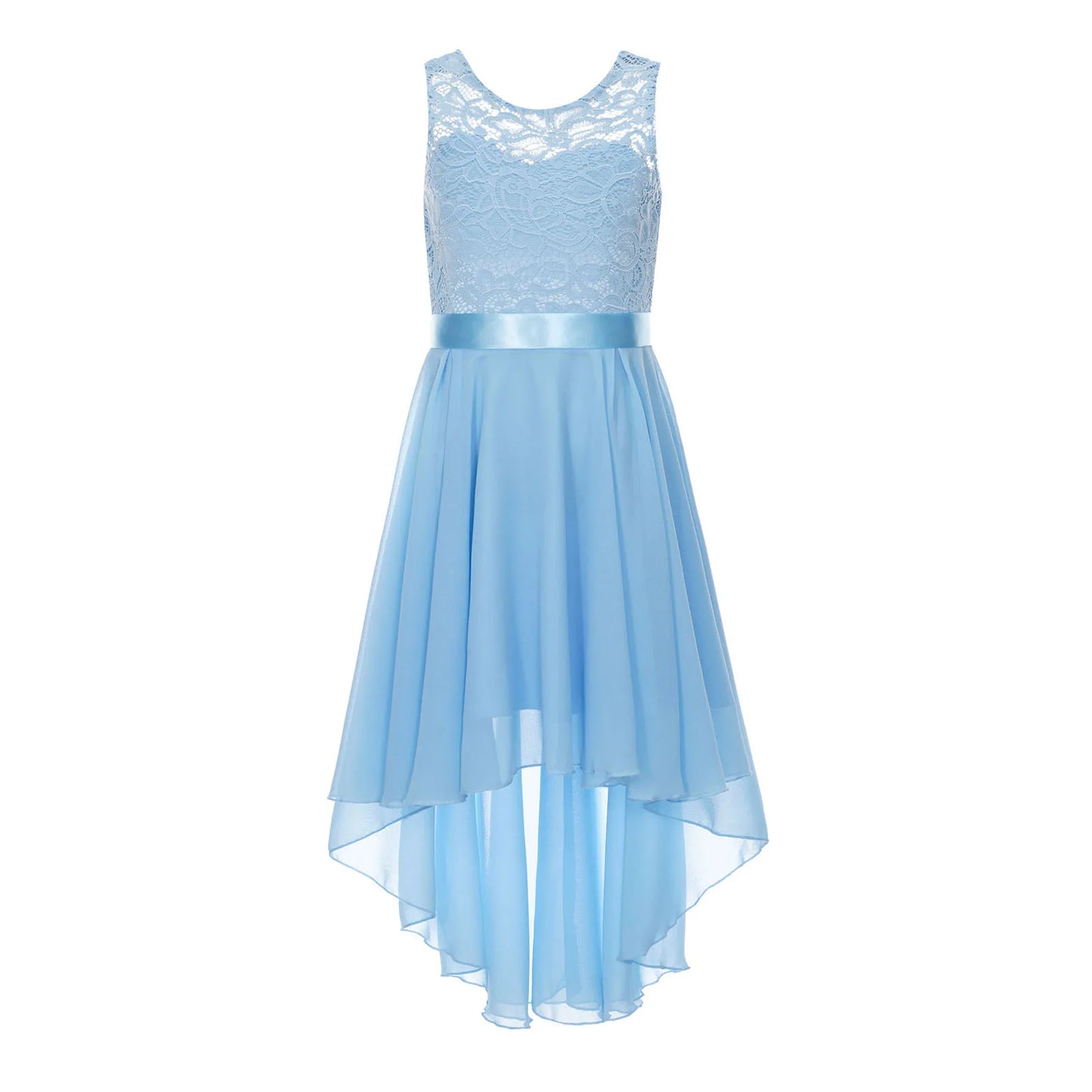 Teen Girls Elegant Scoop Neck Floral Lace Formal Wedding Party Dress Flower Girls Long Sleeve High-Low Chiffon Bridesmaid Dress