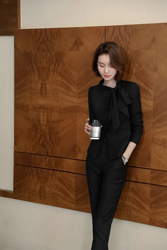 Red Suits Women High End New Business Fashion Temperament Bow Design Long Sleeve Formal Blazer And Skirt Office Ladies Work Wear