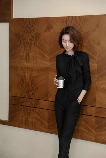Red Suits Women High End New Business Fashion Temperament Bow Design Long Sleeve Formal Blazer And Skirt Office Ladies Work Wear