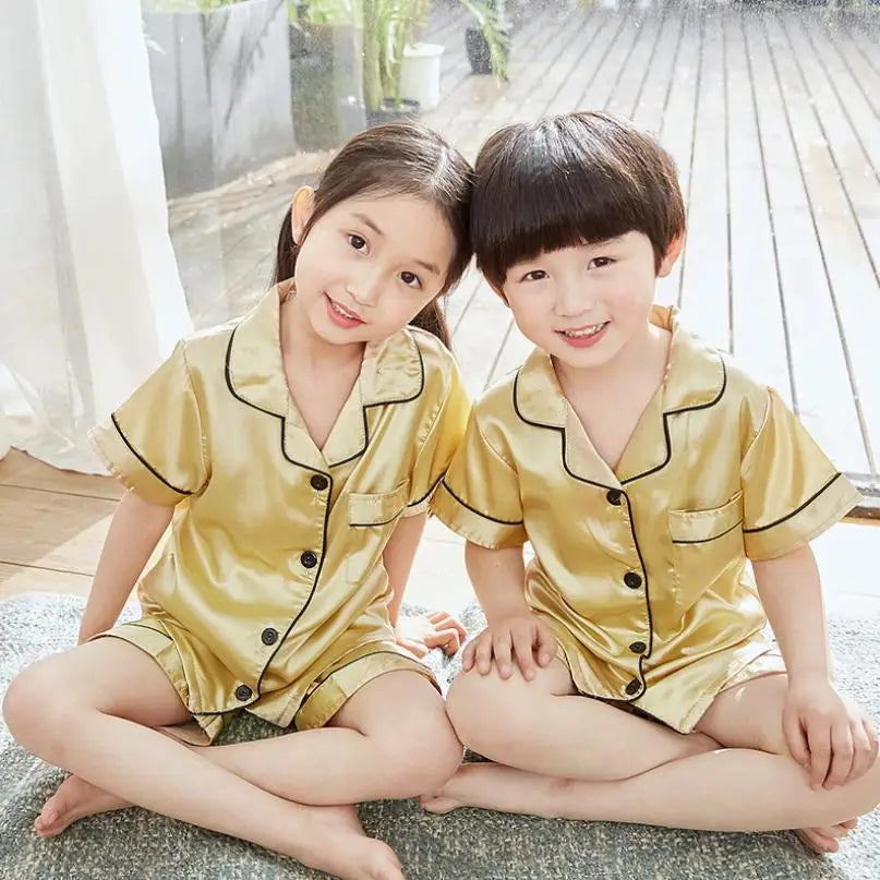 2025 new girls summer Lapel Solid color silk short-sleeved shorts pajamas set children's home wear toddler boy pajamas suit3-14Y