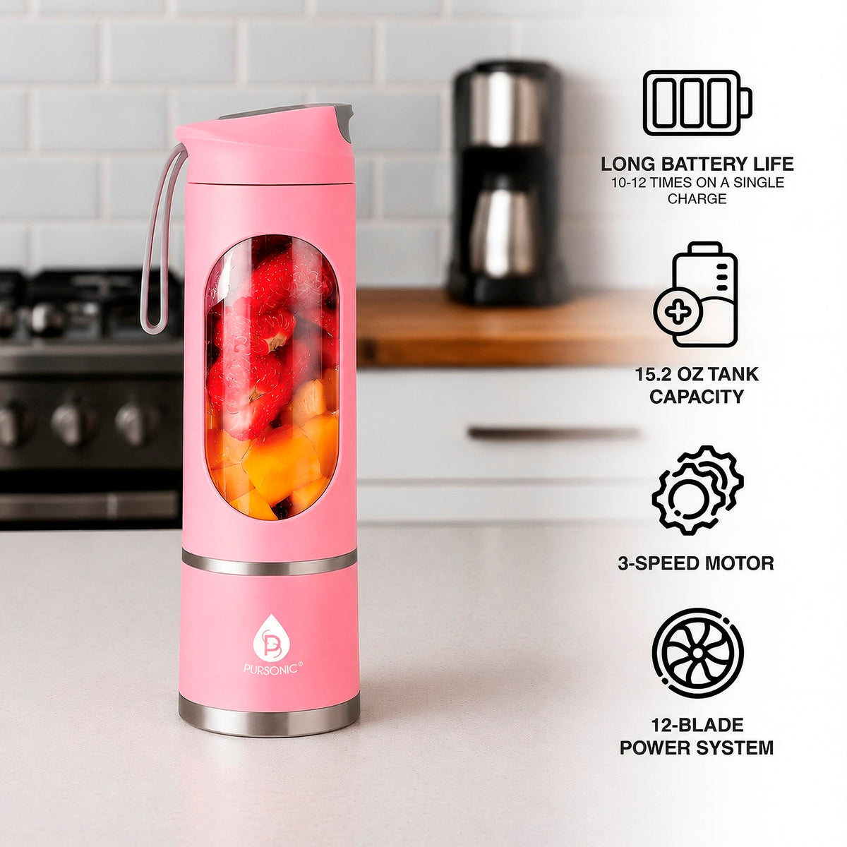 Pursonic USB Portable Juicer & Blender Cup – On-the-Go 12-Blade Smoothie Maker with 3-Speed Motor & USB-C Fast Charging