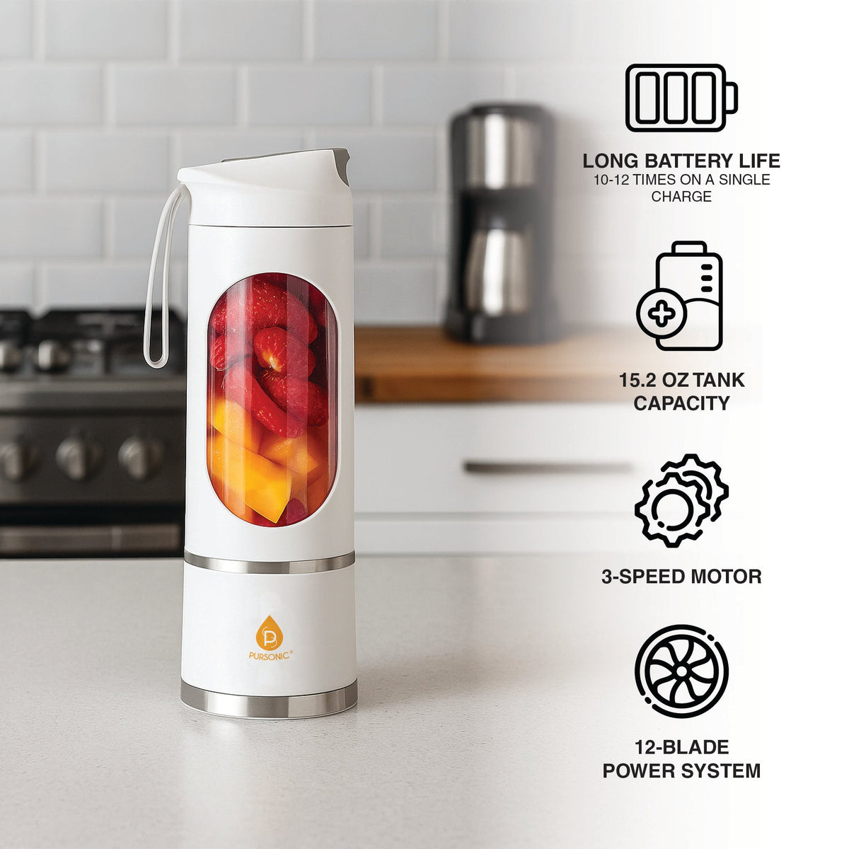 Pursonic USB Portable Juicer & Blender Cup – On-the-Go 12-Blade Smoothie Maker with 3-Speed Motor & USB-C Fast Charging