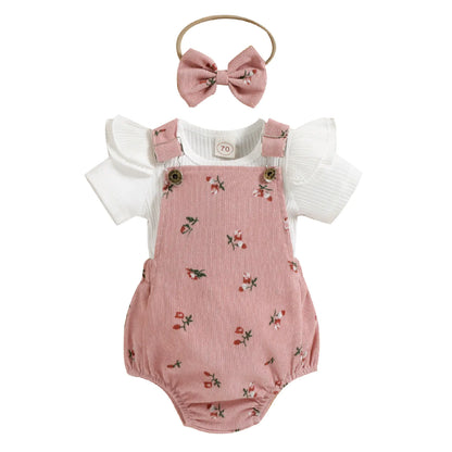 Girls' Floral Corduroy Suspender Pants Set with Headband