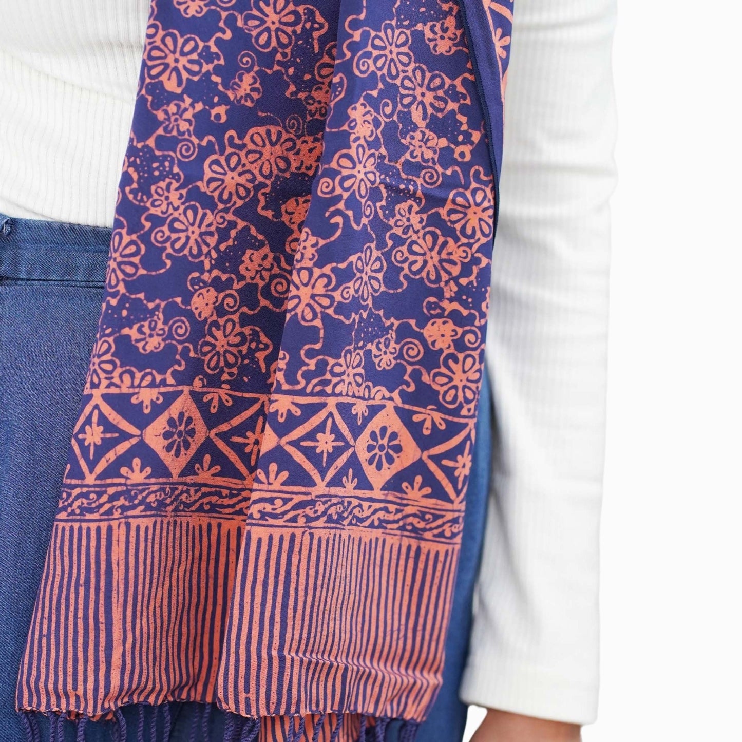 Hand Dyed Batik Scarf, Soft Cotton, Mangosteen, Blue, Pink, Fruit, Floral