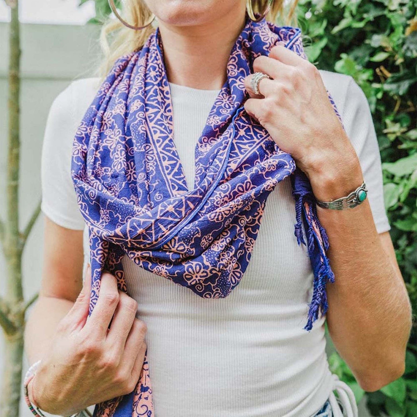 Hand Dyed Batik Scarf, Soft Cotton, Mangosteen, Blue, Pink, Fruit, Floral