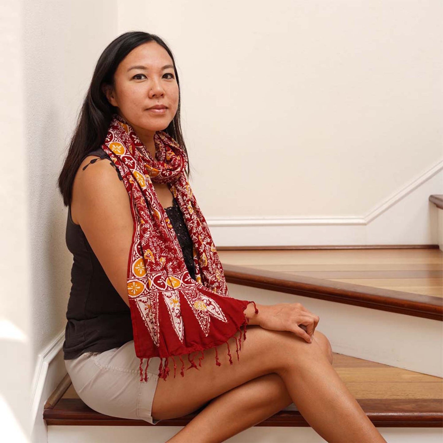 Handmade Batik Scarf - Cotton - Foliage in Red