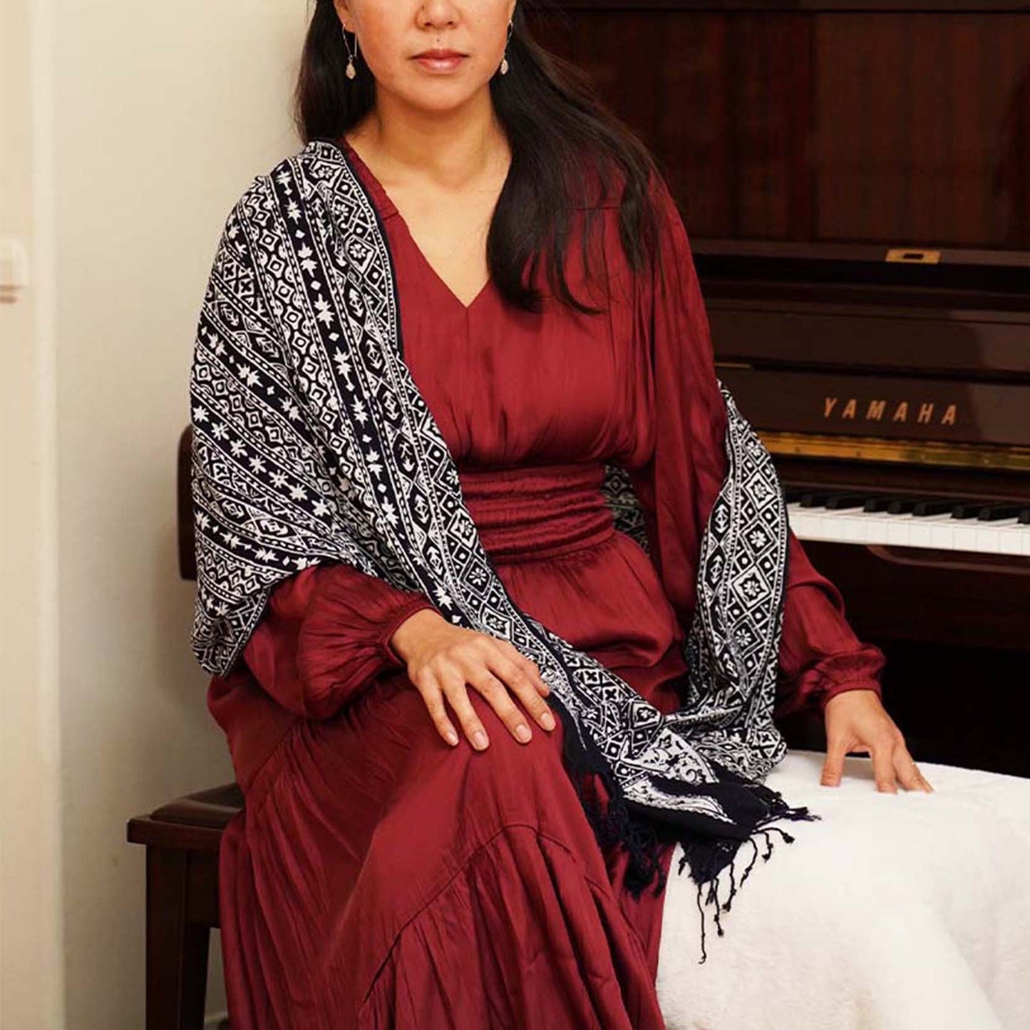 Hand Dyed Batik Scarf, 100% Cotton Fabric, Black White, Geometric