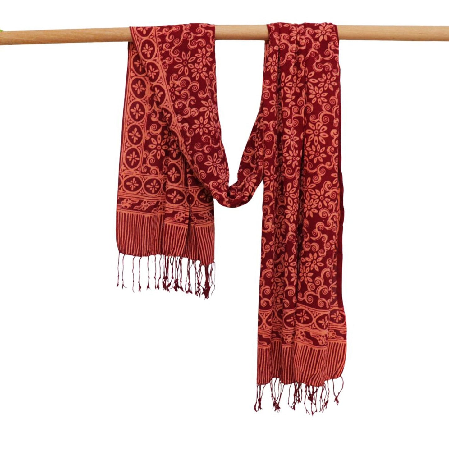 Handmade Batik Scarf, Soft Cotton, Loop, Red, Burgundy