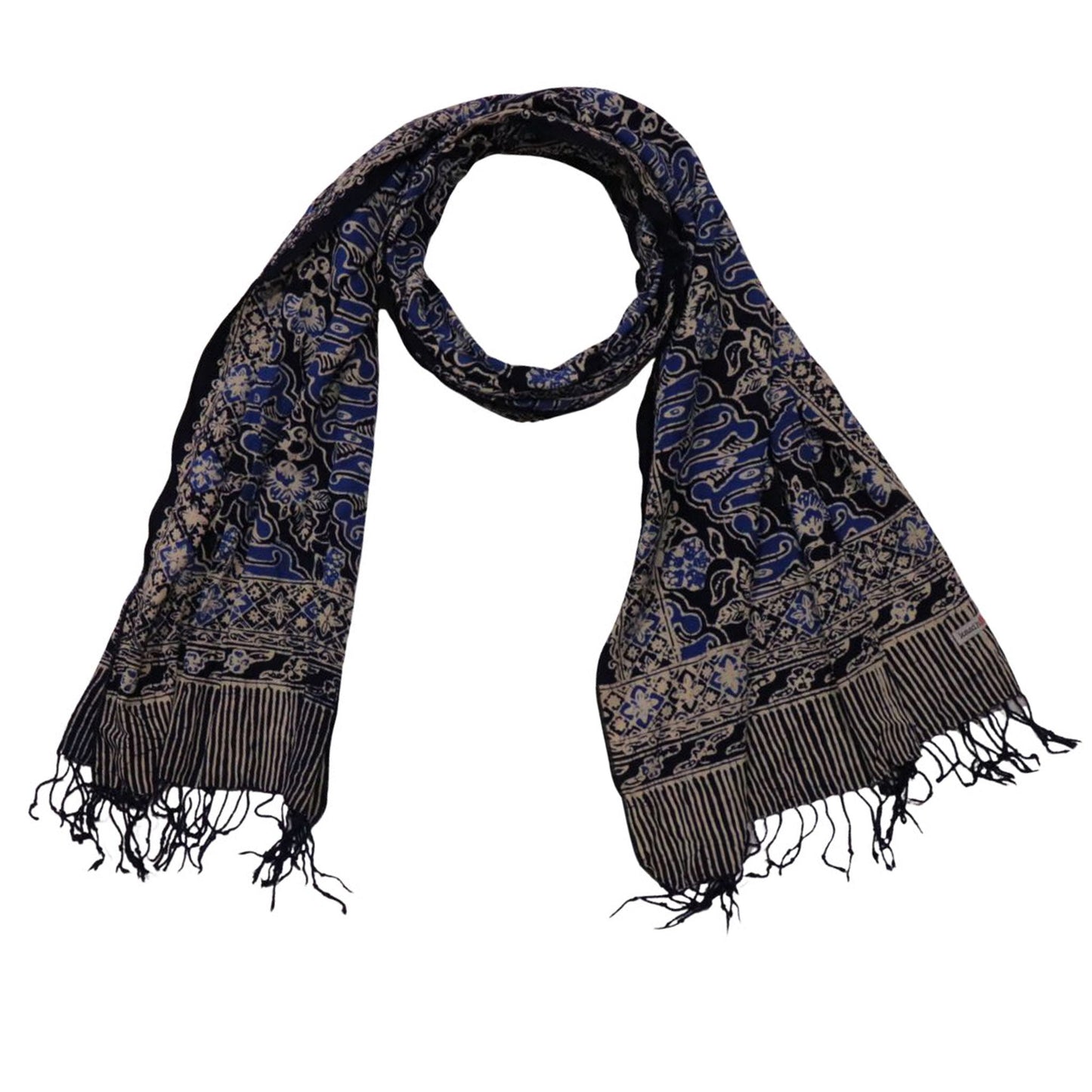 Handmade Batik Scarf, Soft Cotton, Midnight Autumn, Blue Black Navy, White