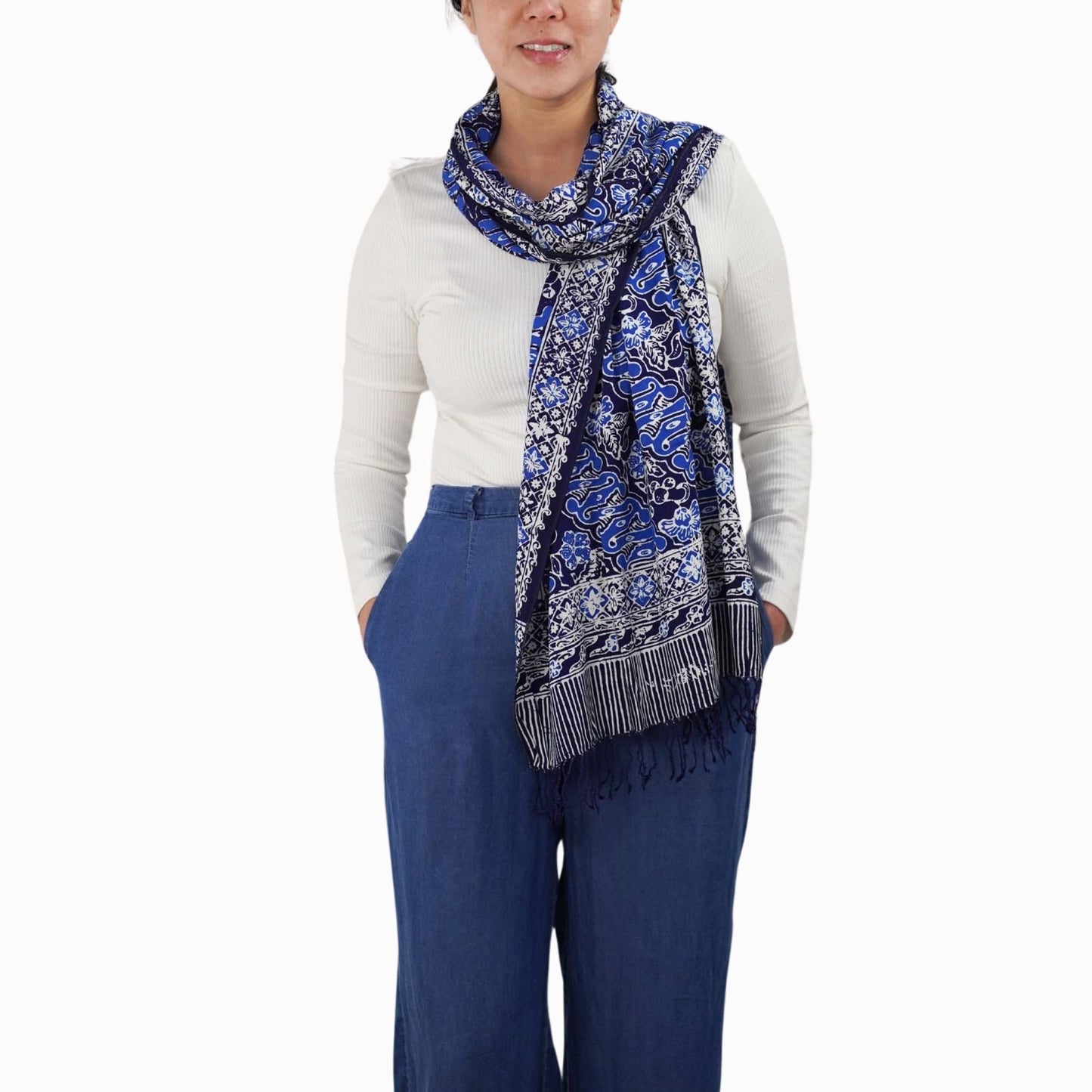 Handmade Batik Scarf, Soft Cotton, Midnight Autumn, Blue Black Navy, White