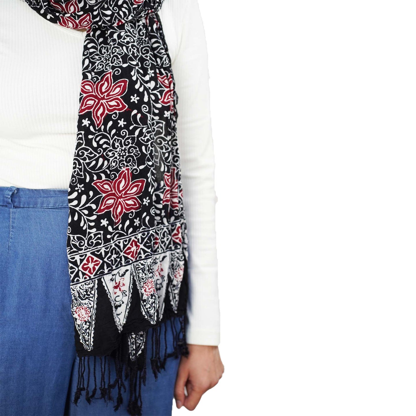 Hand Dyed Batik Scarf, 100% Cotton Fabric, Black Red Floral Star