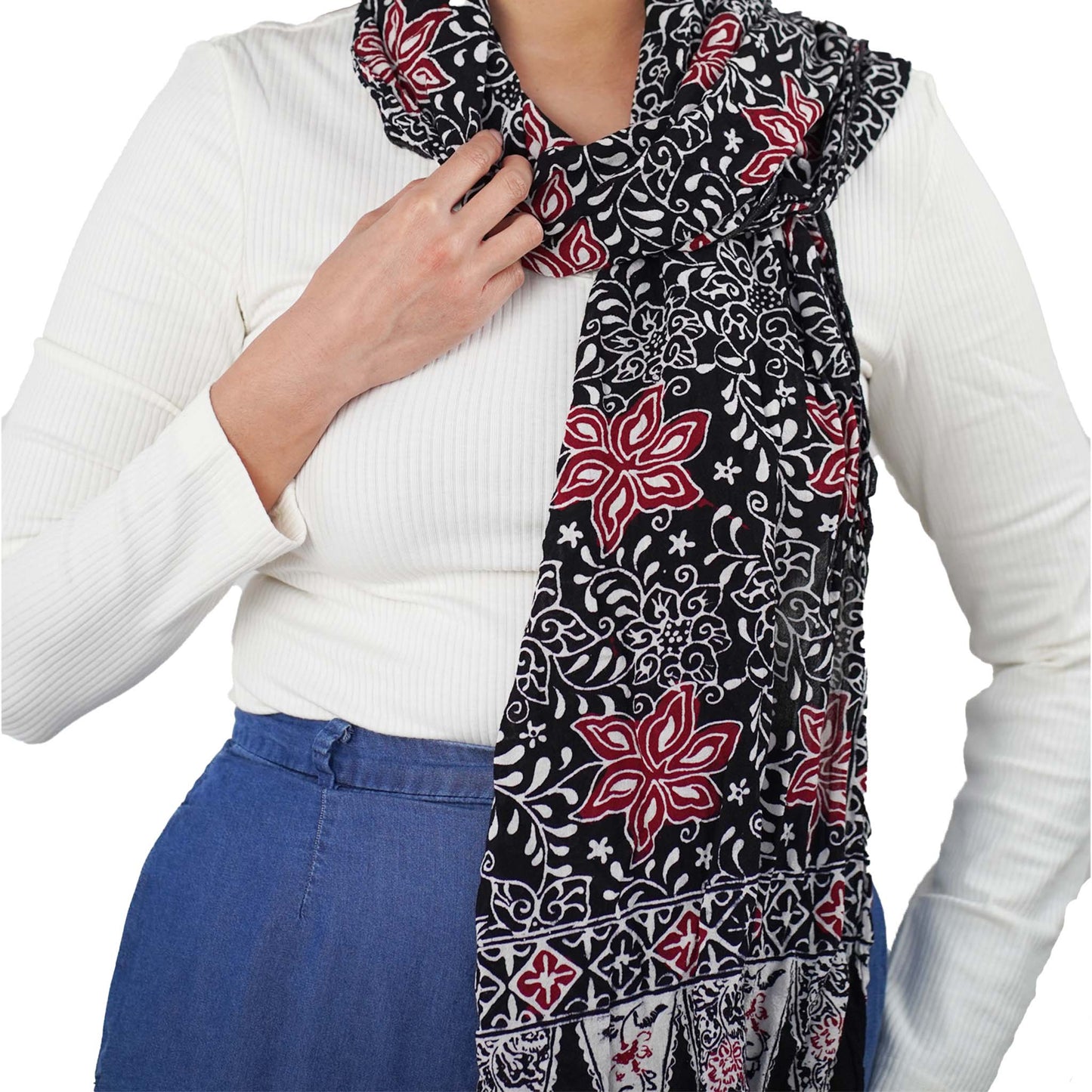 Hand Dyed Batik Scarf, 100% Cotton Fabric, Black Red Floral Star