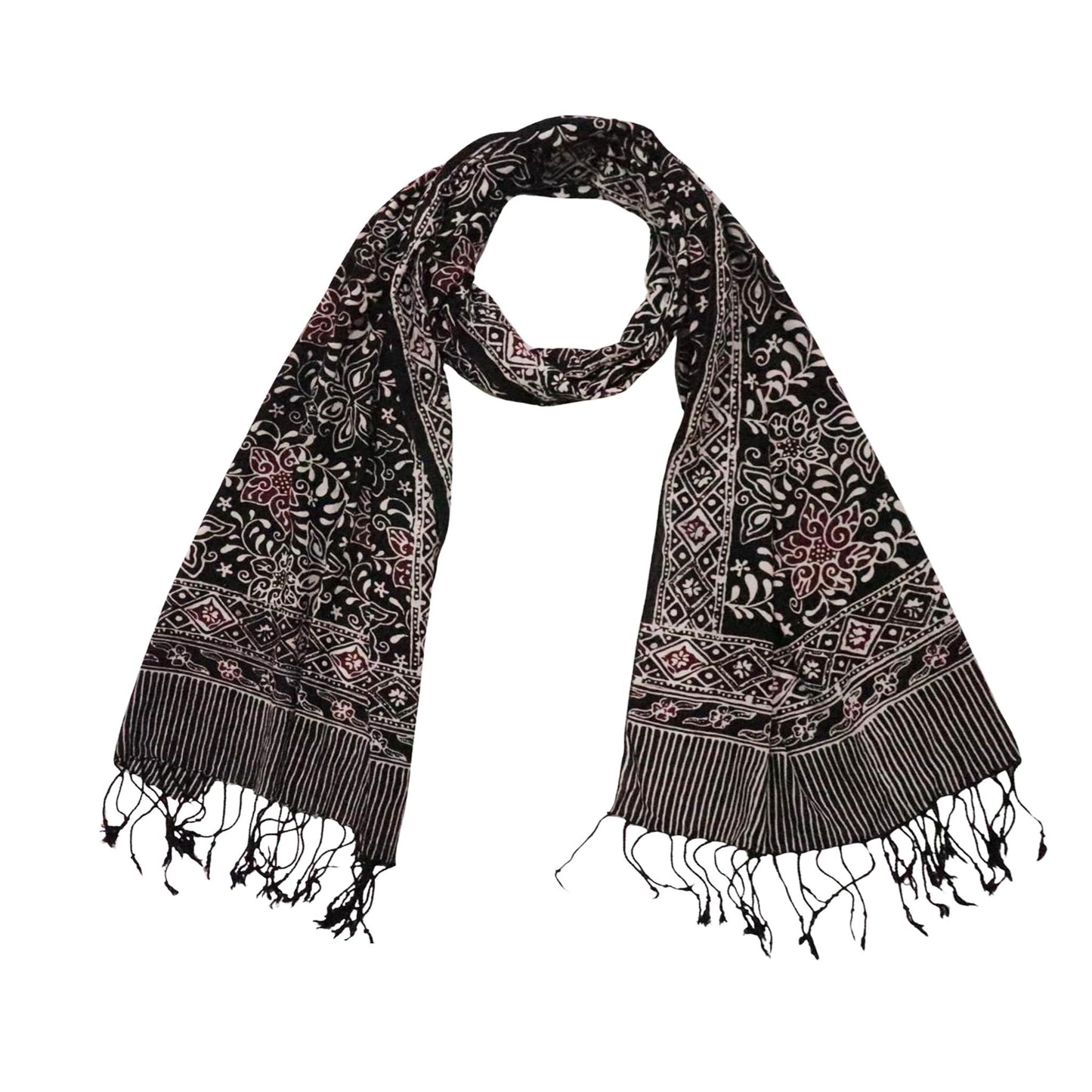 Hand Dyed Batik Scarf, 100% Cotton Fabric, Black Red Floral Star