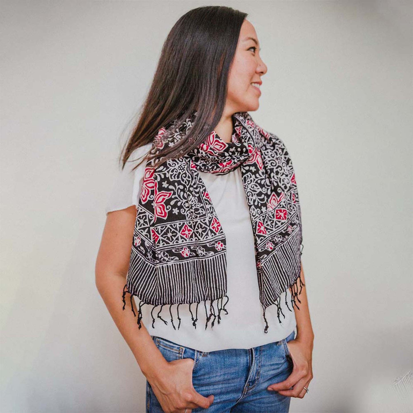 Hand Dyed Batik Scarf, 100% Cotton Fabric, Black Red Floral Star