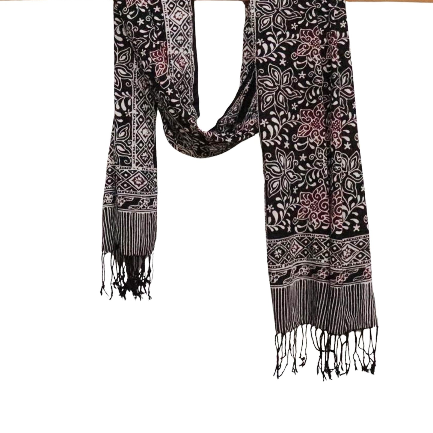 Hand Dyed Batik Scarf, 100% Cotton Fabric, Black Red Floral Star