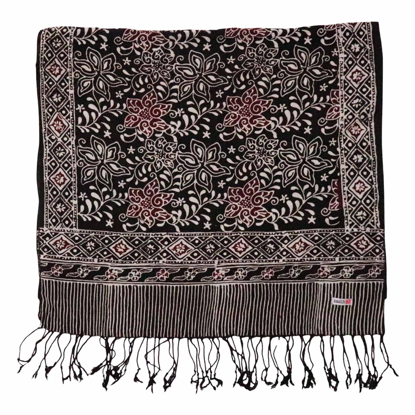 Hand Dyed Batik Scarf, 100% Cotton Fabric, Black Red Floral Star