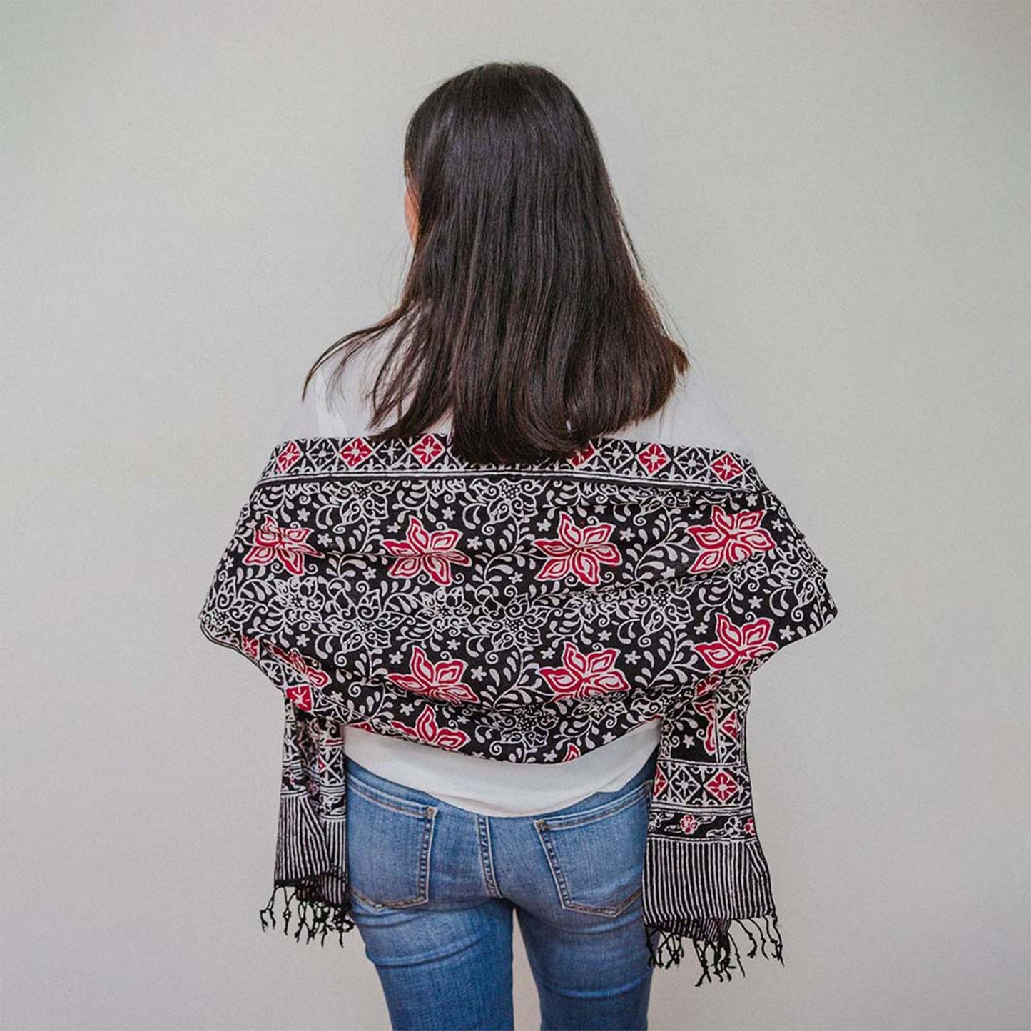 Hand Dyed Batik Scarf, 100% Cotton Fabric, Black Red Floral Star