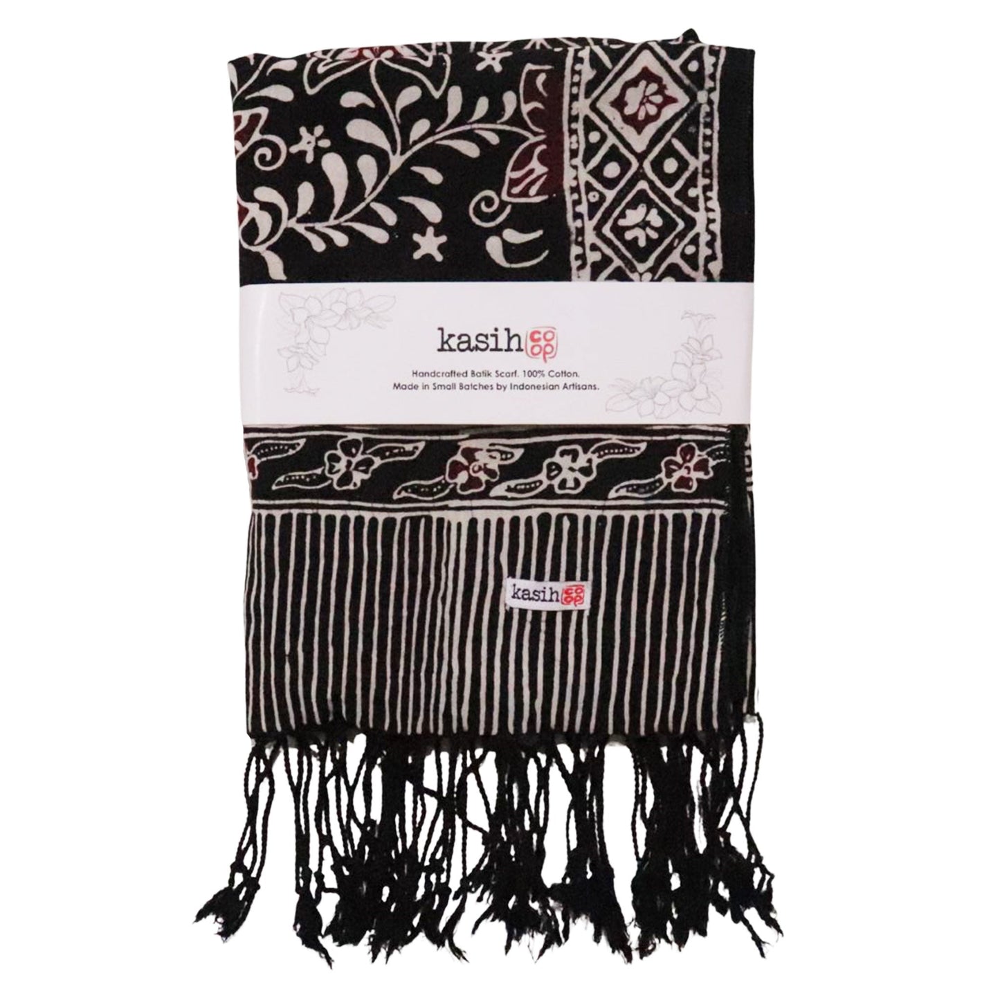 Hand Dyed Batik Scarf, 100% Cotton Fabric, Black Red Floral Star