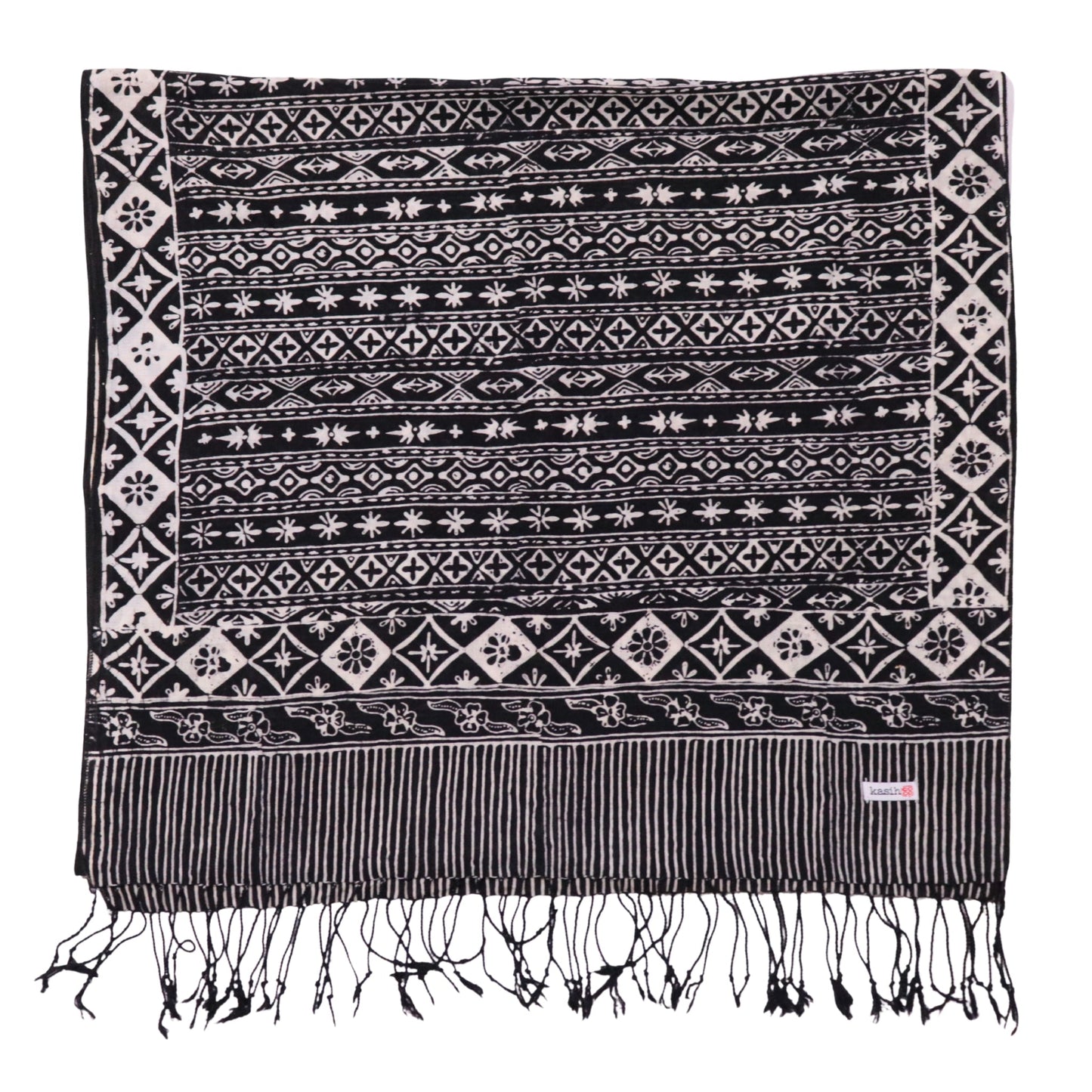 Hand Dyed Batik Scarf, 100% Cotton Fabric, Black White, Geometric