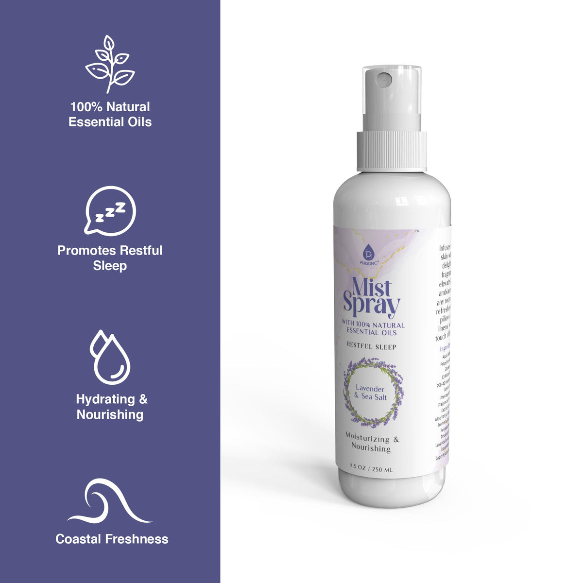 Pursonic Lavender & Sea Salt Aromatherapy Mist Spray Bundle – 3-Pack with 100% Natural Essential Oils