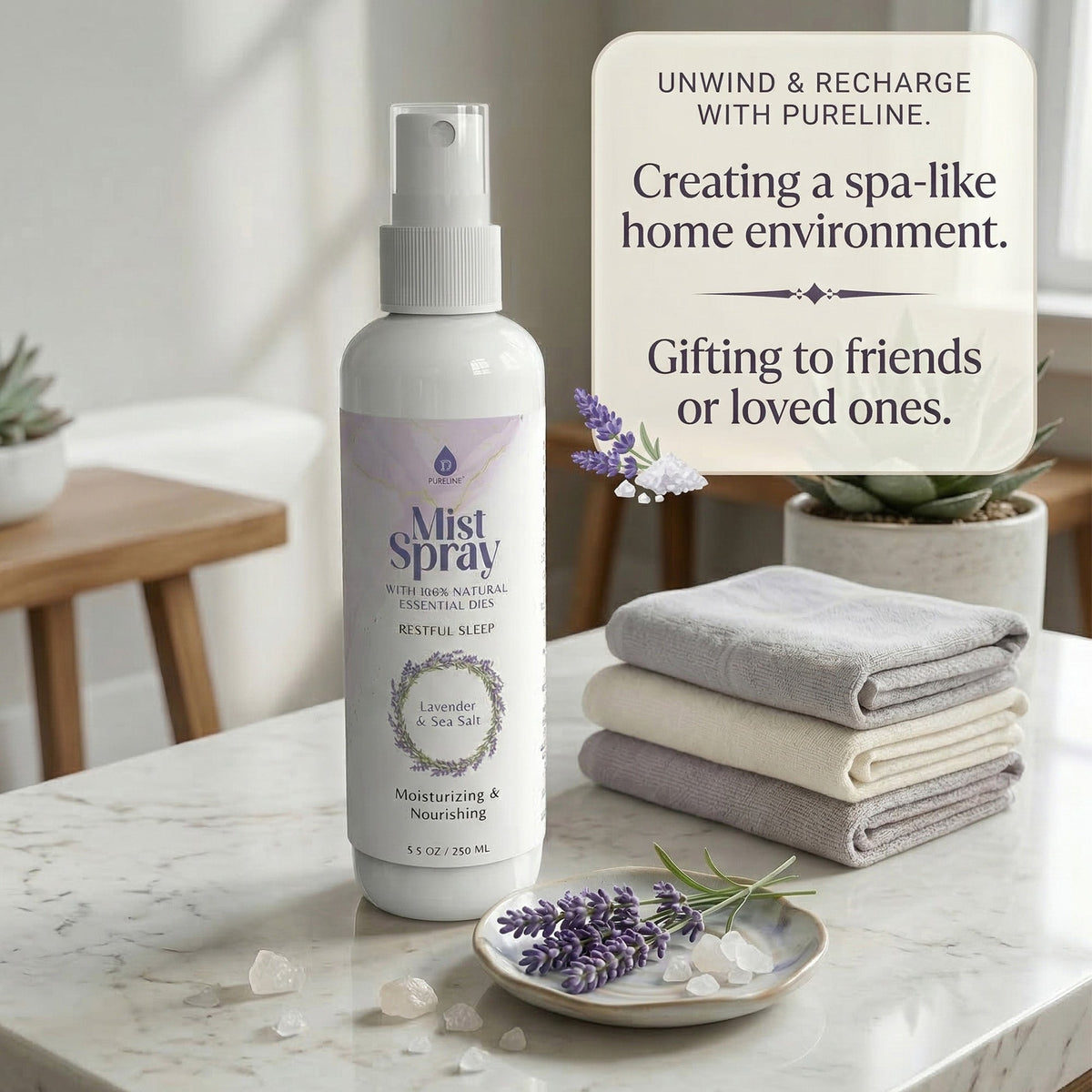 Pursonic Lavender & Sea Salt Aromatherapy Mist Spray Bundle – 3-Pack with 100% Natural Essential Oils