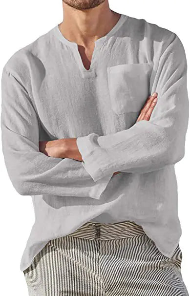 Men's Plus Size Long Sleeve V Neck Beach Linen Shirt