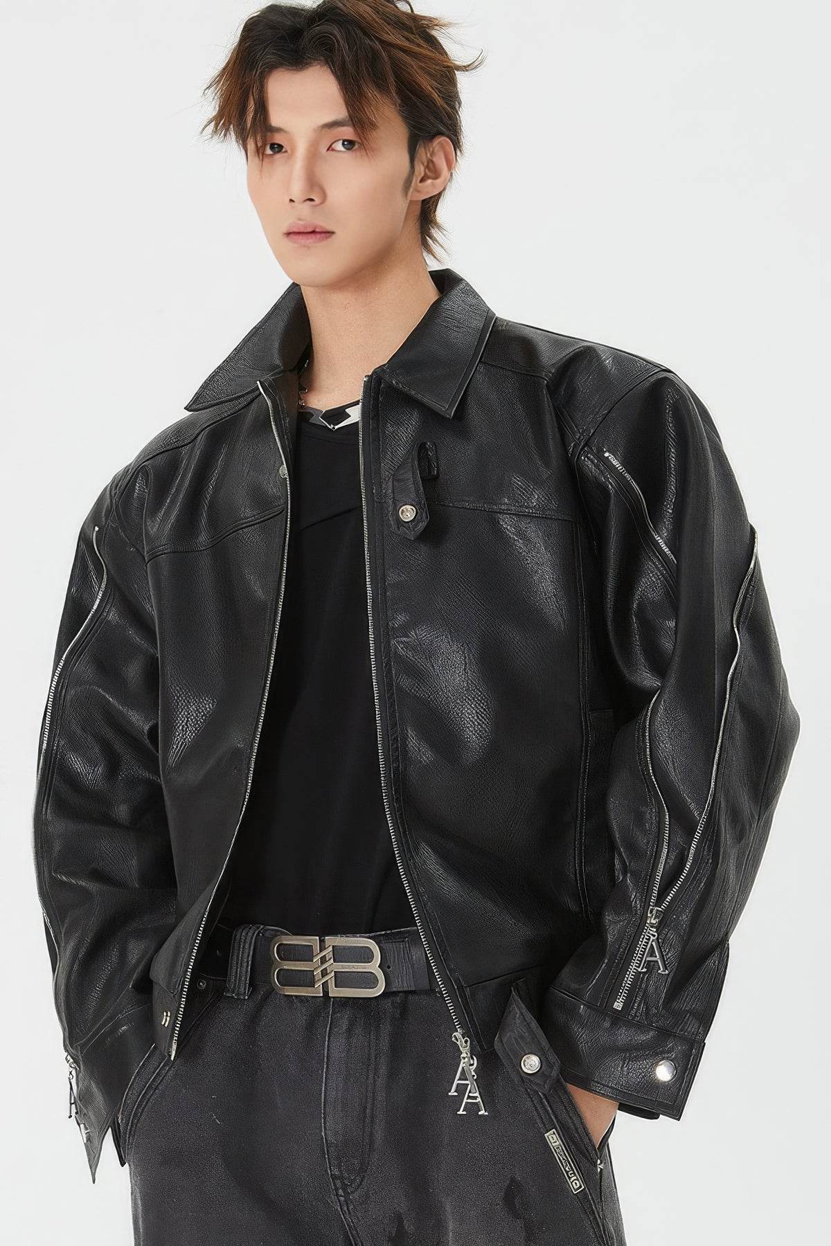 Men's Double Zipper Shoulder-Padded Leather Jacket