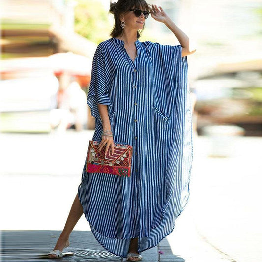 Black & Brown Striped Beach Robe ¨C Sexy Single-Breasted Bikini Cover-Up, Vacation Kimono