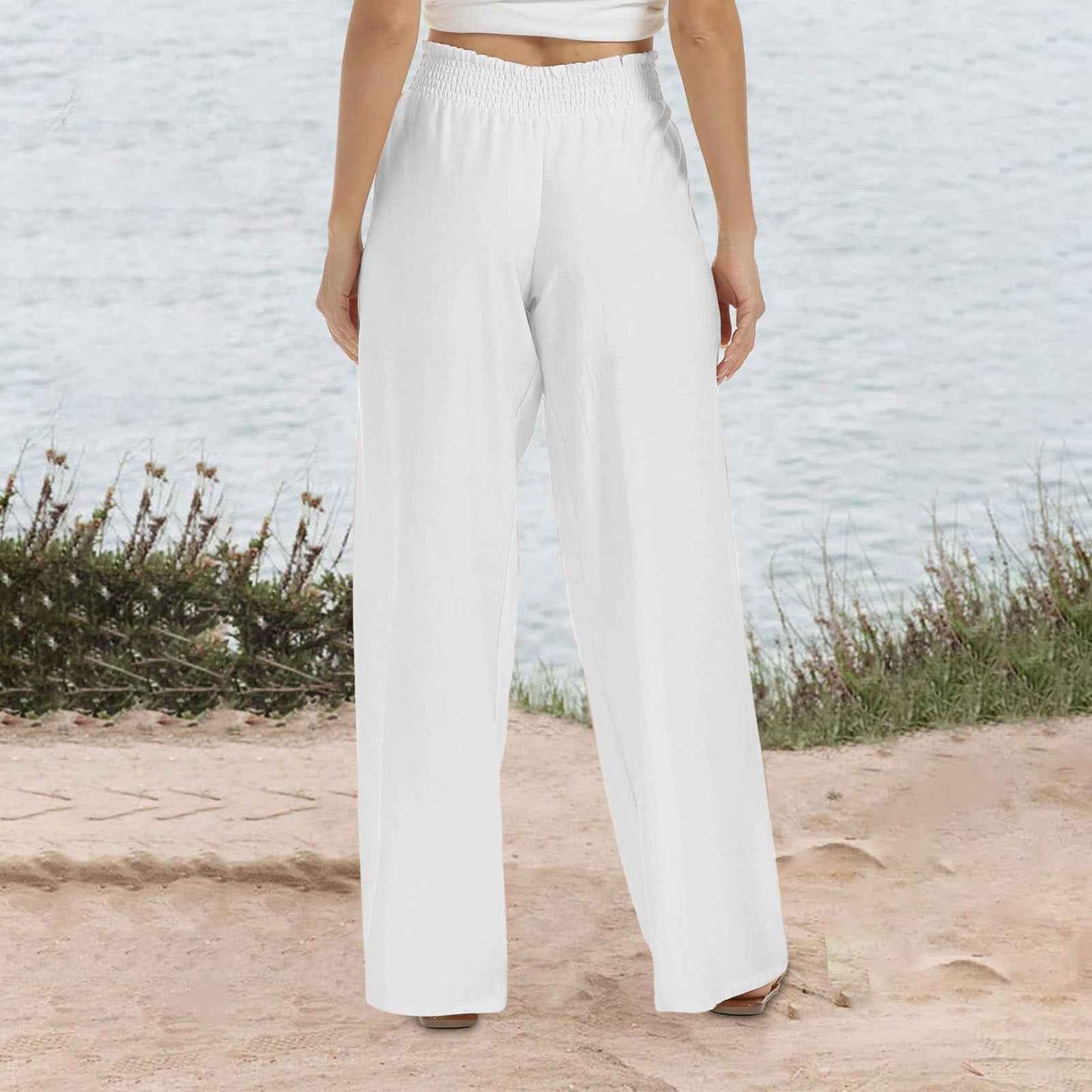 Women's Shirred Waist Wide Leg Pants
