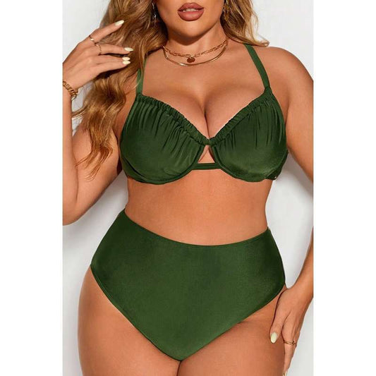 Plus size swimsuit women, solid colors, gathered pleats, sexy split bikini, popular swimsuit women