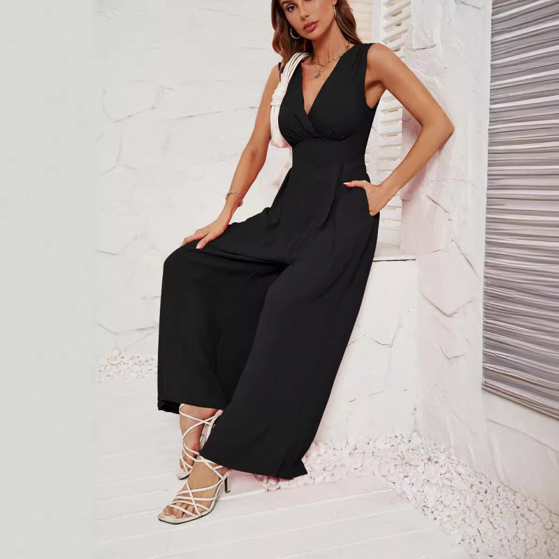 Sleeveless Jumpsuit High Waist Slim Straight Leg Wide