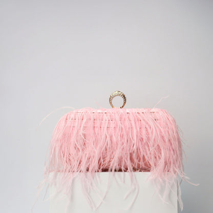 Elegant Ostrich Hair Ring Box – Small Square Bag with Chain Crossbody Shoulder Velvet Evening Clutch Purse, Perfect for Dinner, Casual Outings, Party Events, and Prom Nights