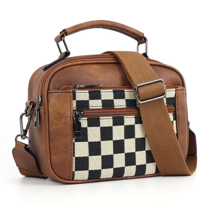 Chessboard double zipper small crossbody bag,Tote small crossbodyPU square bag, Small Crossbody Purse for Women Triple Zip,