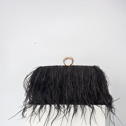 Elegant Ostrich Hair Ring Box – Small Square Bag with Chain Crossbody Shoulder Velvet Evening Clutch Purse, Perfect for Dinner, Casual Outings, Party Events, and Prom Nights
